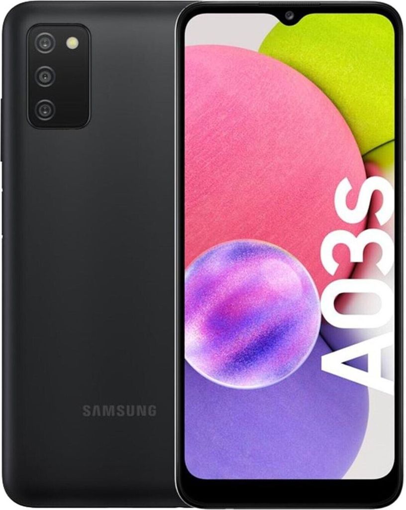 A black Samsung Galaxy A03s smartphone is shown from the back and front.