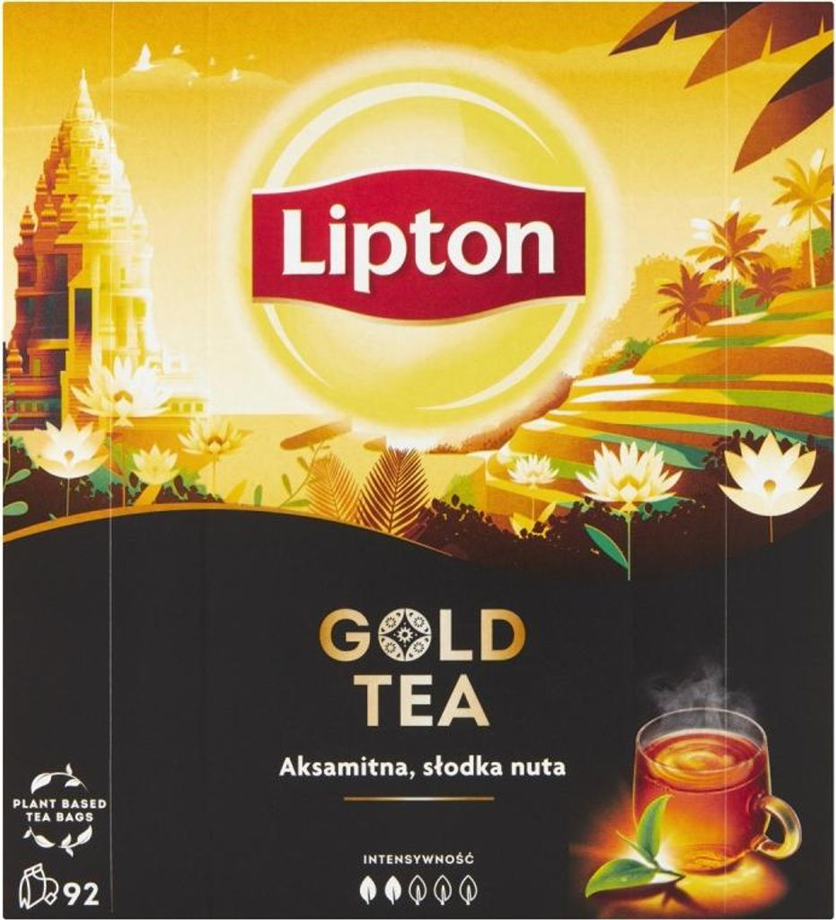 The image shows the packaging of Lipton Gold Tea, featuring a scenic landscape with a temple, tropical plants, and a cup of tea.
