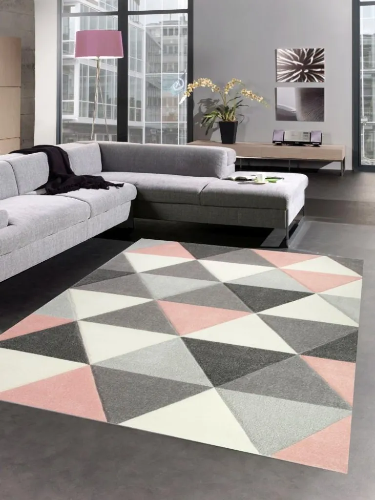 Tapis de salon triangle rose gris crème 120x170 cm style scandinave