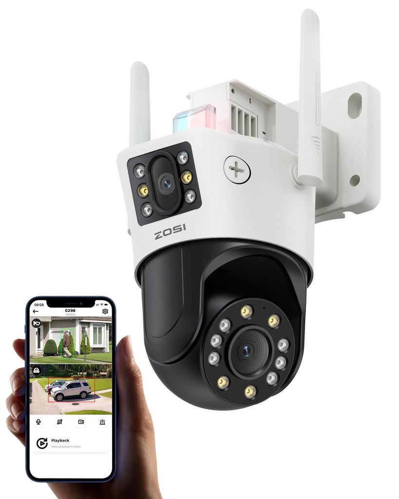 ZOSI C298 Duallinse PTZ Überwachungskamera Außen WLAN, 2MP+2MP, Personen-/Fahrzeugerkennung, Auto-Tracking, Farbnachtsicht, 2-Wege-Audio