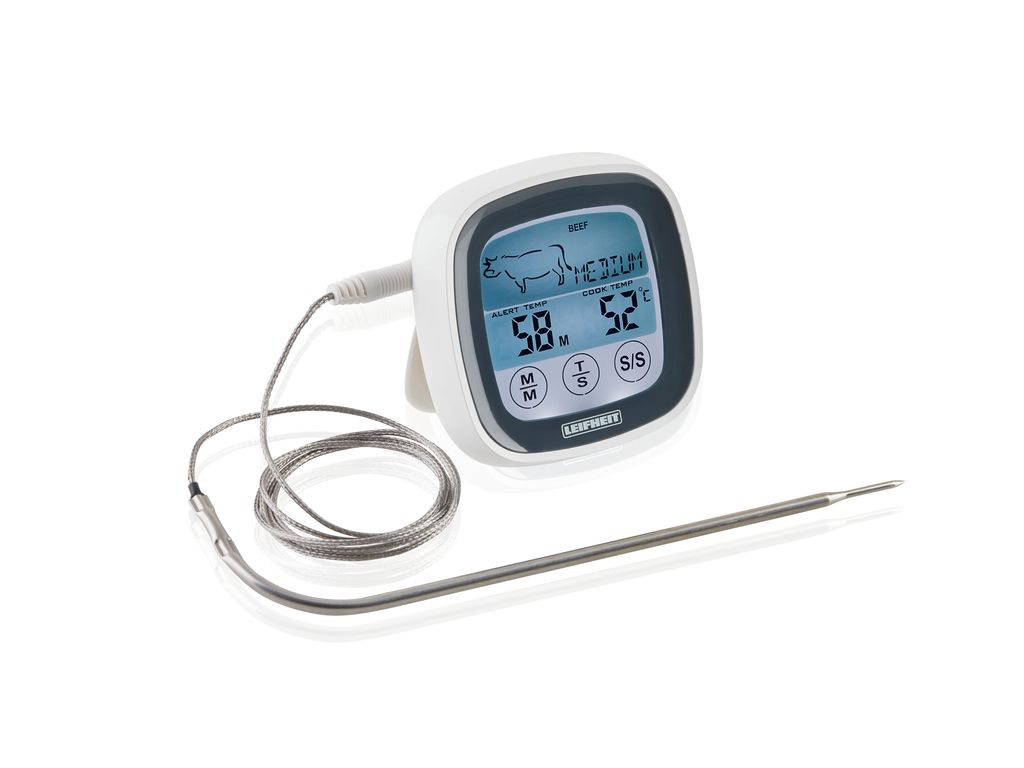 A digital food thermometer with a probe and wire is displayed on a white background.