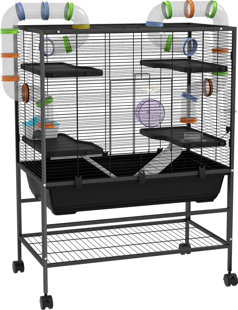 Hamsterk?fig mit R?hren-System & Laufrad šC 109 cm hoher Nagerk?fig auf Rollen, M?usek?fig mit 4 Ebenen, Haus & Tr?nke, Kleintierk?fig fš¹r Hams...