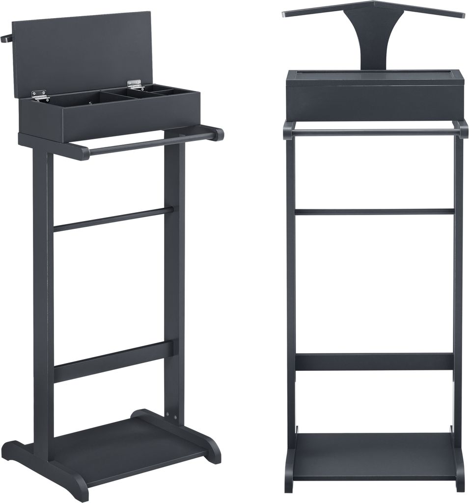 Two views of a gray valet stand against a white background.