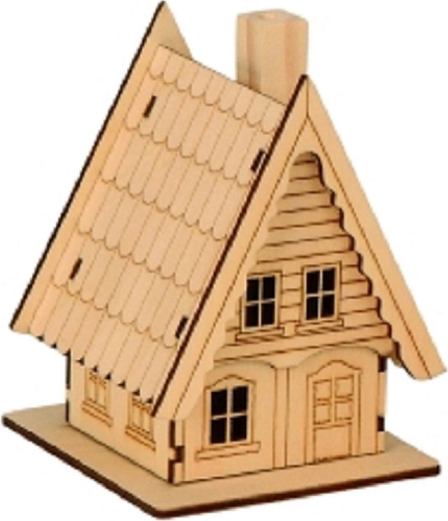 Das Bild zeigt ein kleines, aus Holz geschnittenes Räucherhäuschen. Es ist detailliert gestaltet.