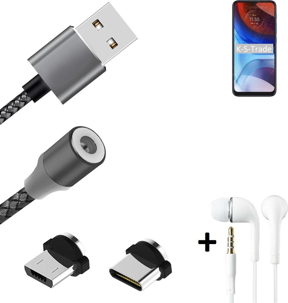 K-S-Trade Hochwertiges Magnet-Lade-kabel Sync-Kabel Daten-Kabel + Kopfhörer kompatibel mit Motorola Moto E7i Power mit USB-Typ-C-Anschluss und