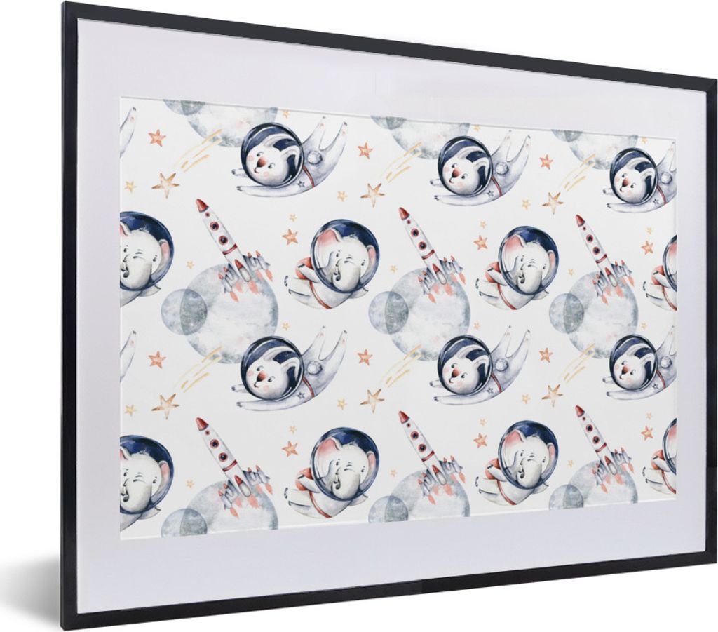 MuchoWow Gerahmtes Poster Muster - Rakete - Tiere - Mädchen - Jungen - Kinder - Kinder 40x30 cm - Poster mit Schwarzem Bilderrahmen Wandposter R...