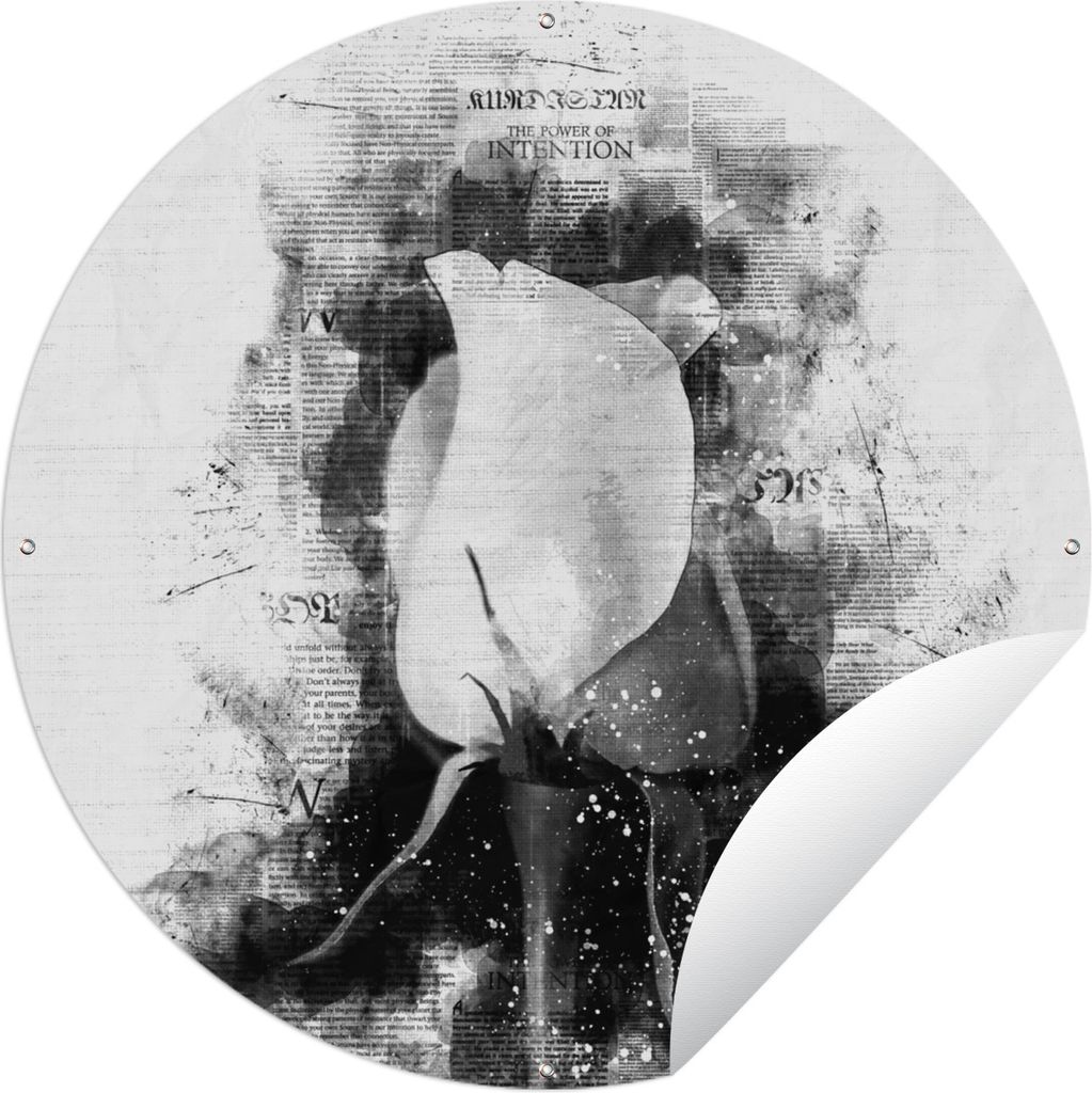 MuchoWow Gartenposter Outdoor-Poster Rund Rosen - Blumen - Zeitungspapier - Schwarz - Weiß Ø 60 cm Gartendeko Rundes Poster draußen