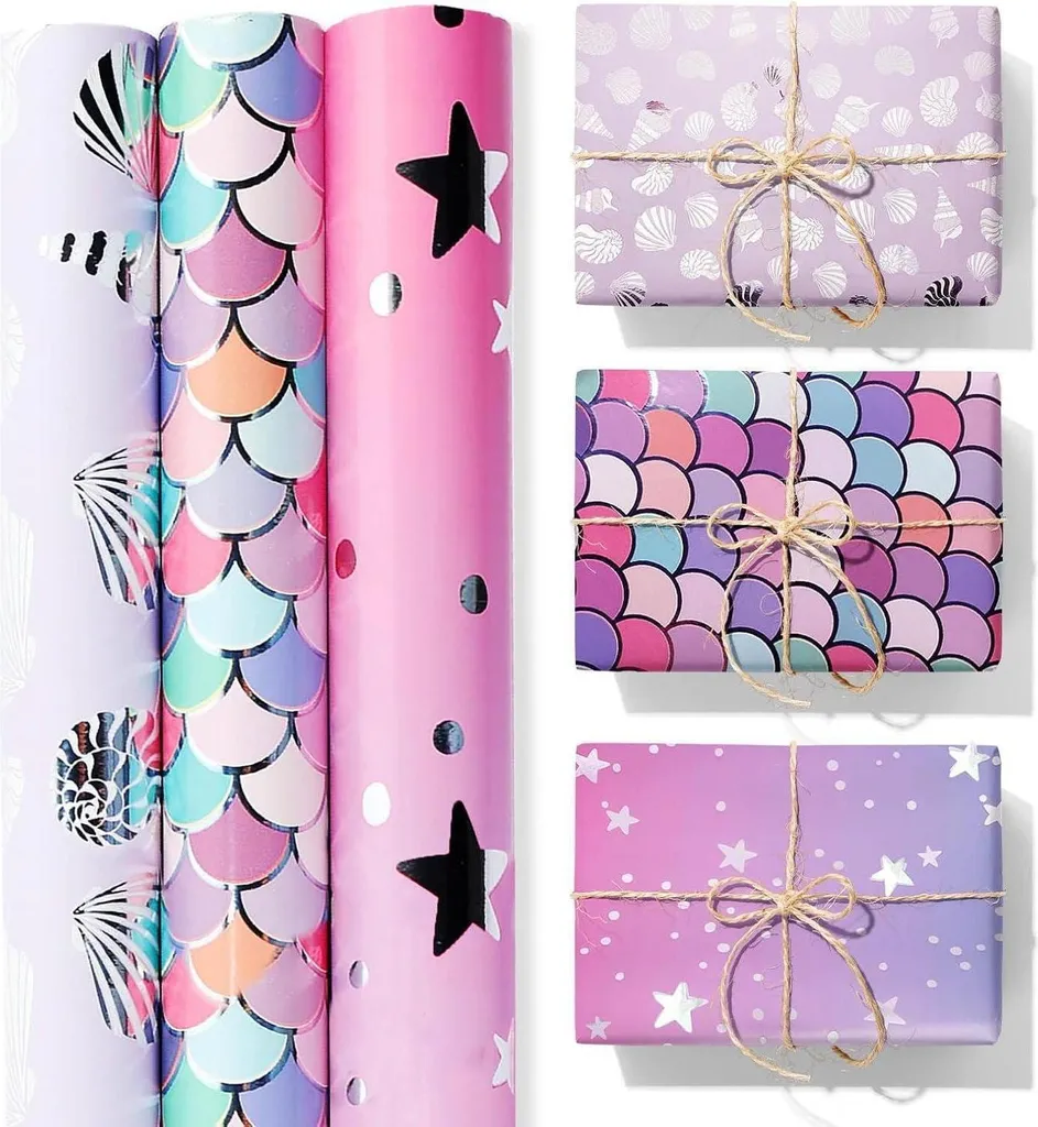 Lot papier cadeau sirène anniversaire enfant 3 rouleaux format 3m