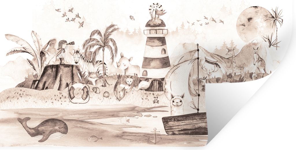 MuchoWow Wandtattoo Wandsticker Wandaufkleber Strand - Kinder - Leuchtturm - Alpaka - Meer - Tiere 120x60 cm Selbstklebend und Repositionierbar -...