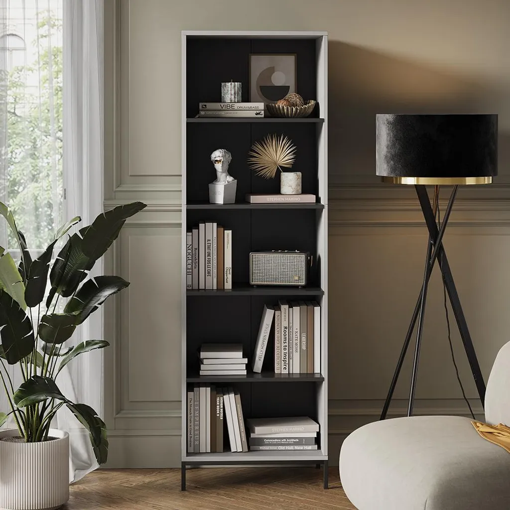 Bibliothèque Haute Grise 180cm Eliza : 5 Grands Espaces de Rangement