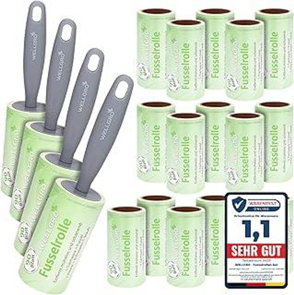WELLGRO 20er Set Fusselrollen - 20 Rollen mit je 90 Blatt + 4 Abroller, 1800 diagonal perforierte Blätter für leichtes Abziehen