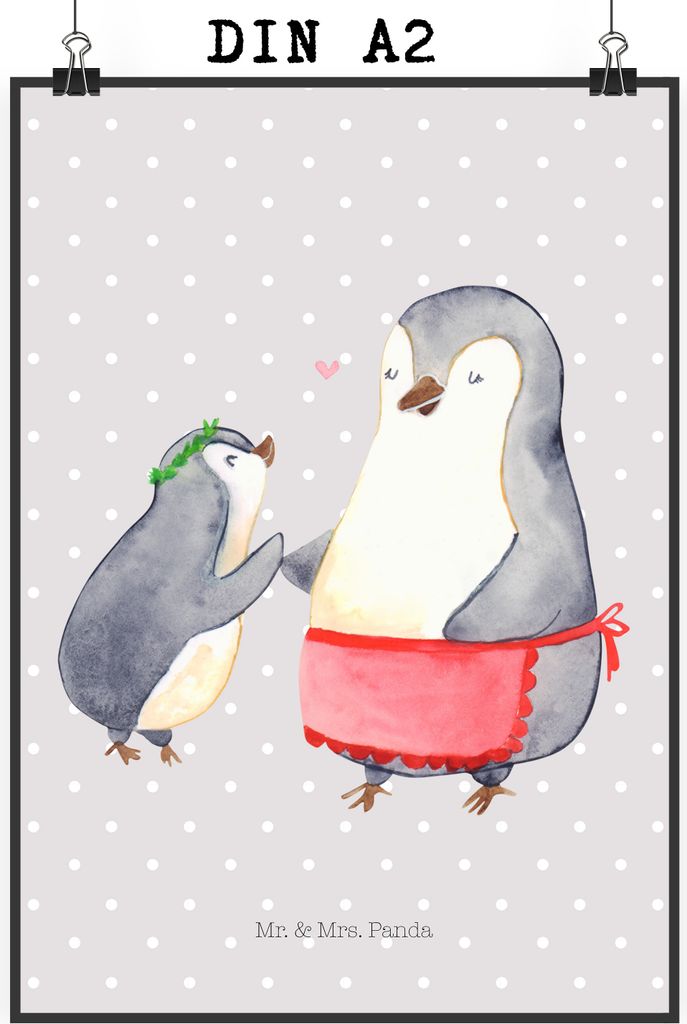 Mr. & Mrs. Panda Bild Pinguin mit Kind DIN A2 - Grau Pastell - Geschenk, wanddeko, Mutter, Familie, Wandbild, Vorbild Mama, Mom, Plakat, drucke, Mu...
