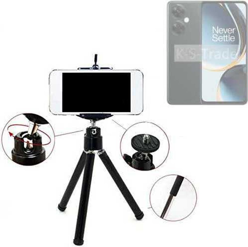K-S-Trade Smartphone Stativ Dreibein kompatibel mit OnePlus Nord CE 3 Lite Tripod aus Aluminium Klemmstativ Stativ Adapter für Mobiltelefone schwarz