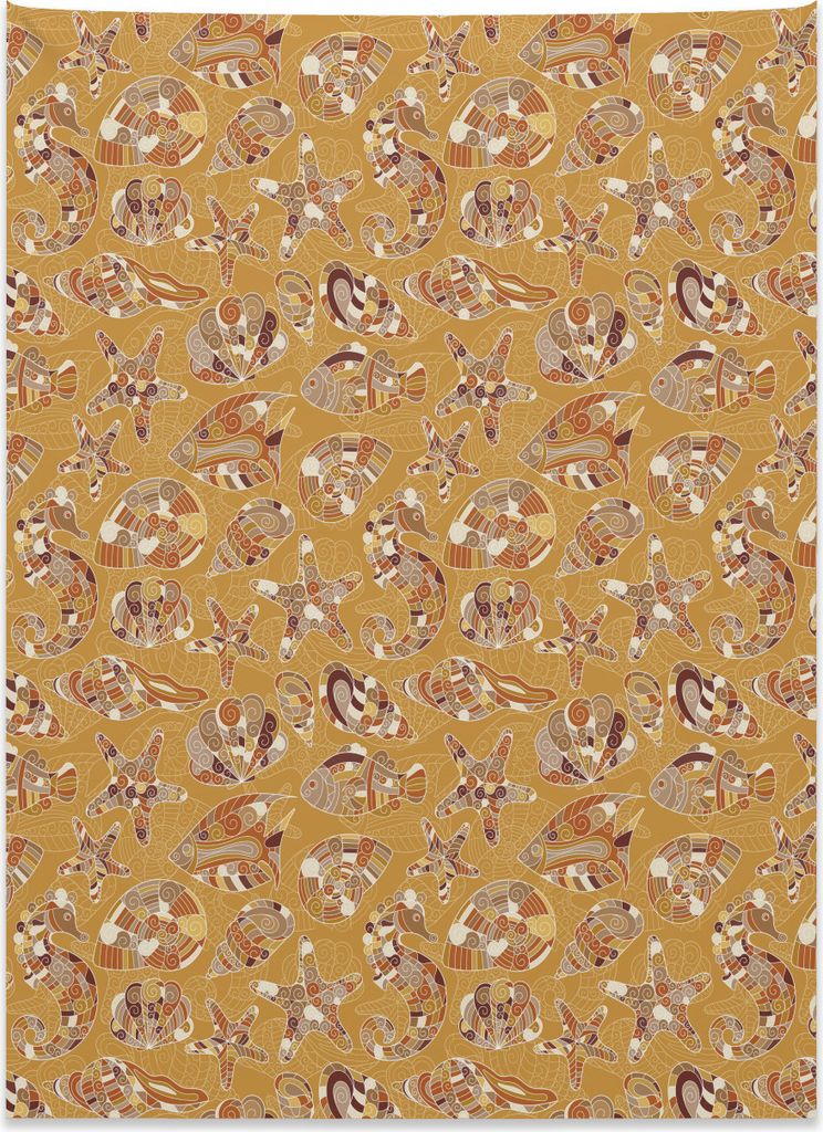 Abakuhaus Ozean Wandteppich, Muster von Schalentieren aus Weiches Mikrofaser Stoff Kein Verblassen Klare Farben Waschbar, 110 x 150 cm, Senf Braun