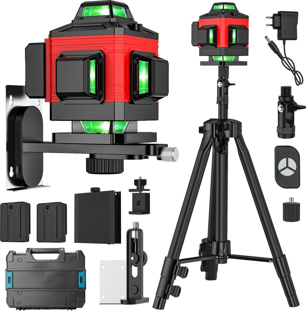 Laser-Nivelliergerät - 4D 16 Linien - 3° Selbstnivellierung - 360° Abdeckung - Mit Stativ - Kunststoffkoffer - Gold