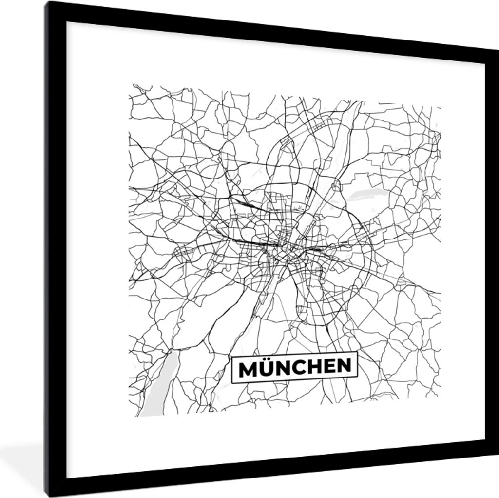 MuchoWow Gerahmtes Poster München - Stadtplan - Karte 40x40 cm - Poster mit Schwarzem Bilderrahmen Wandposter Rahmen Foto Bilder - Poster - Plak...
