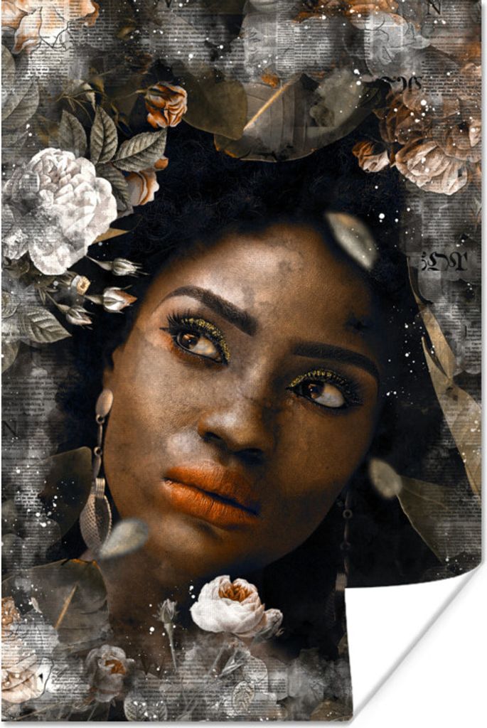 MuchoWow Poster Frau - Blumen - Zeitung 120x180 cm - Kunstposter