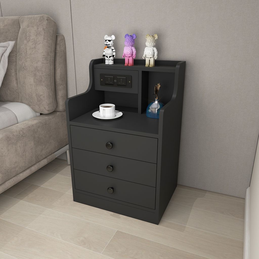 Nachttisch 68cm hoch Beistelltisch mit 3 Schubladen und Steckdosen schwarz
