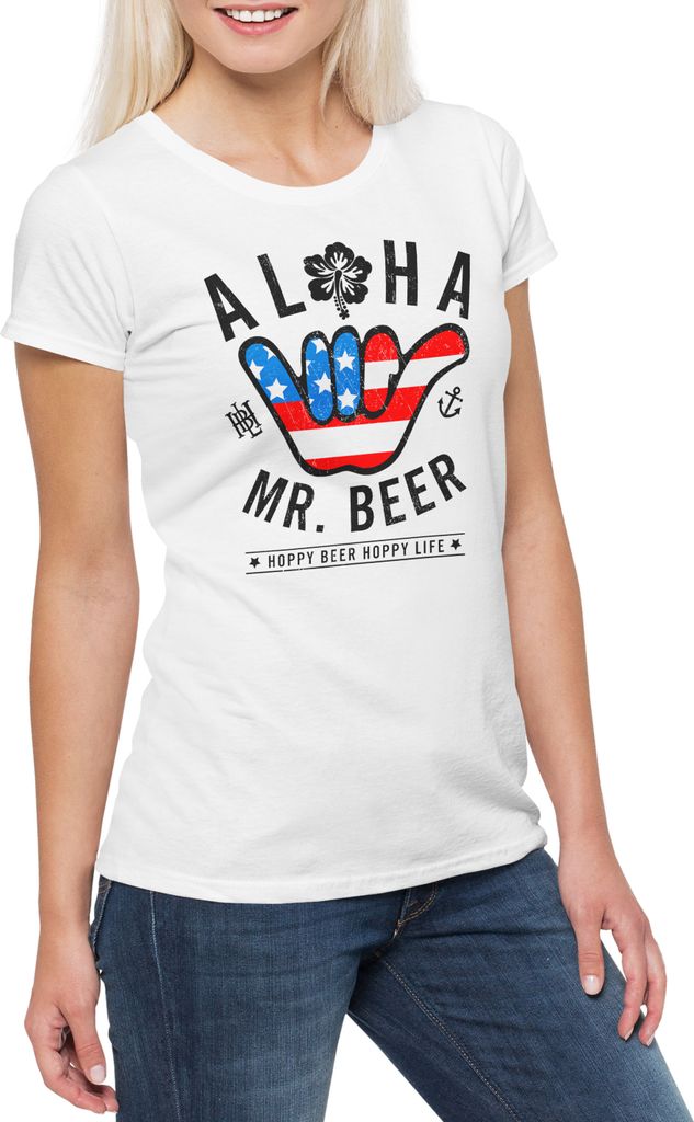 Urban Backwoods Aloha Mr. Beer, Damen T-Shirt, Farbe: Weiß, Größe: 2XL