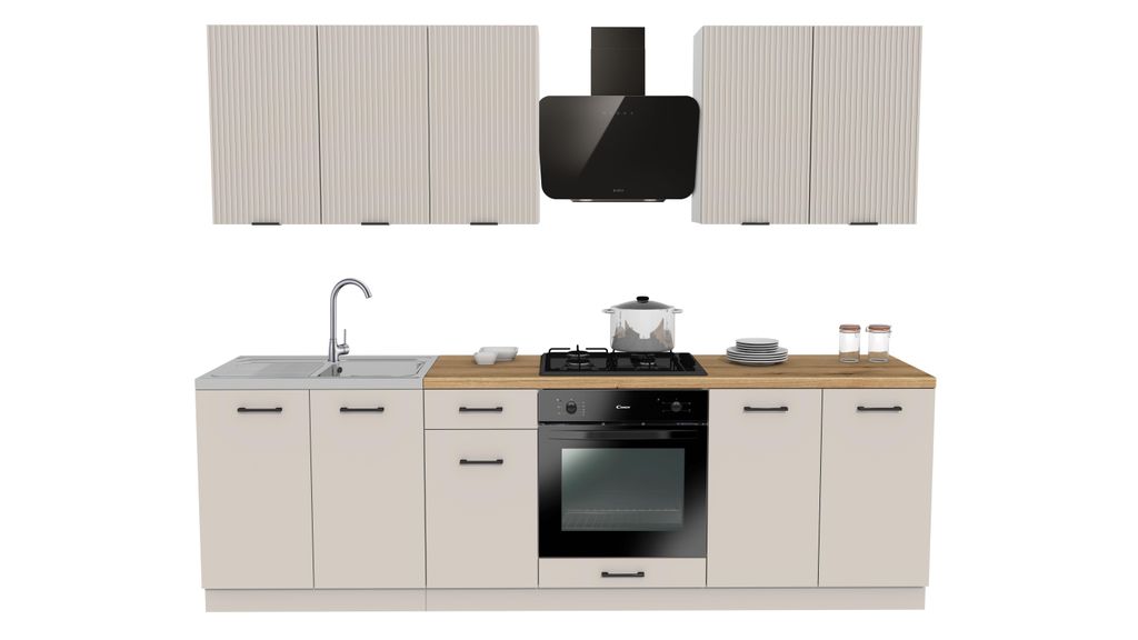 Küchenzeile 260 cm küche Küchenblock Einbauküche Mit Arbeitsplatte , SIMPLY Z2 - Kaschmir Matt/Rille/Weiß