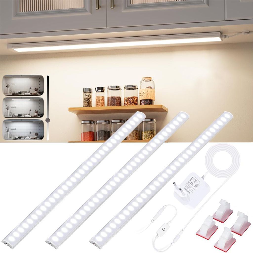 30cm Unterbauleuchte Küche Led 3er Set, Ultradünne Schrankbeleuchtung LED Leiste Mit Speicherfunktion, Schranklicht Für Regale Werkbank, Neutral...