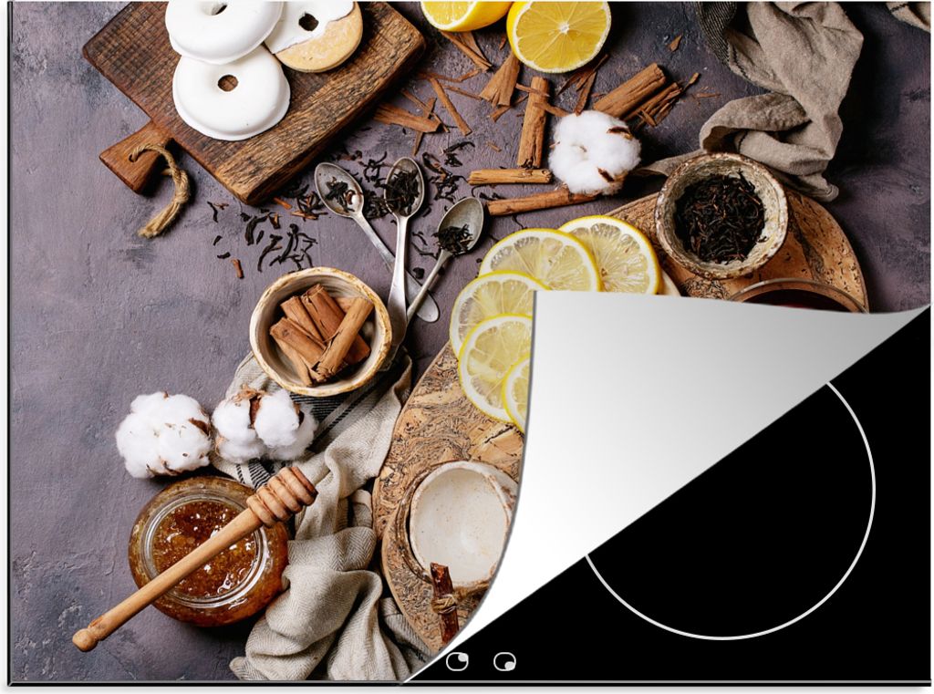 KitchenYeah Herdabdeckplatte Tee - Zitrone - Honig - Donut - Kräuter , 60x52cm, Küche Deko, Ceranfeld Herdabdeckung, Abdeckplatte fùr Kochfeld