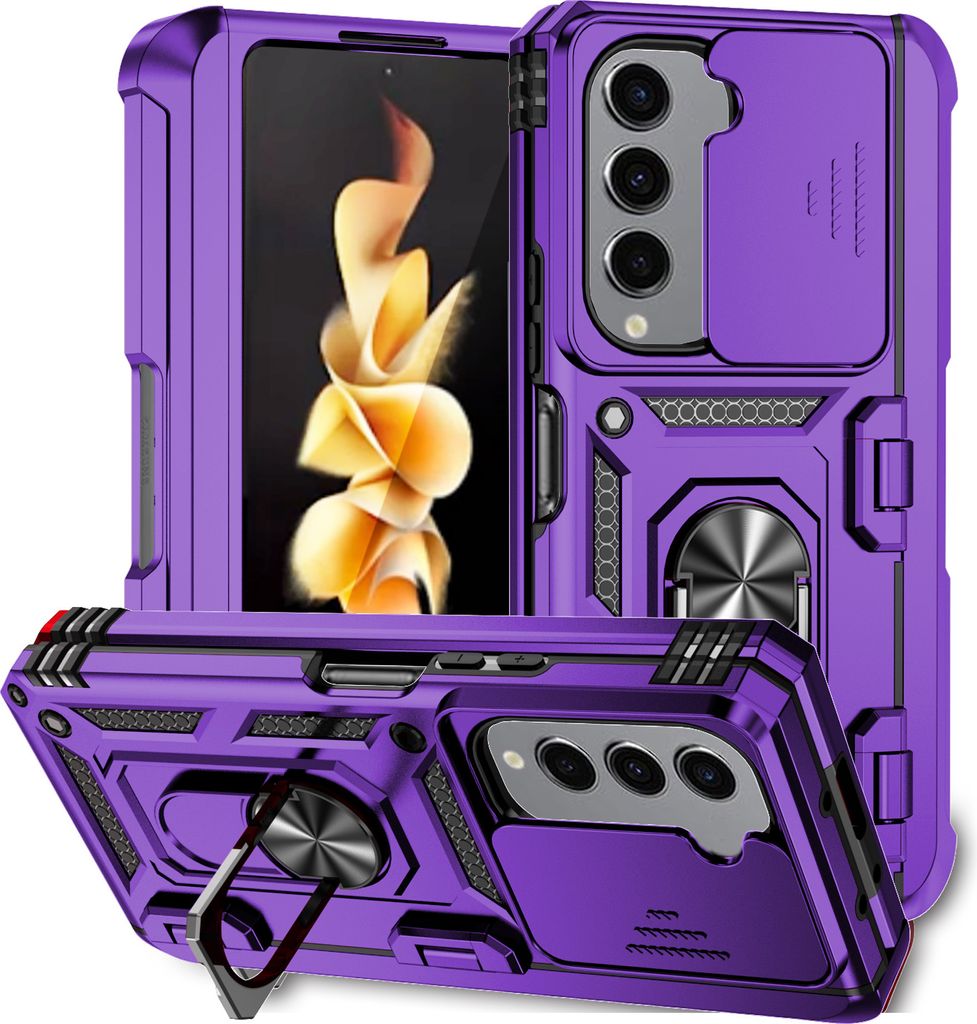 Hülle für Samsung Galaxy Z Fold 5 mit Scharnierschutz, Schiebe Kamera Schutz und Ringhalter Ständer Dual Layer Schutzhülle Lila