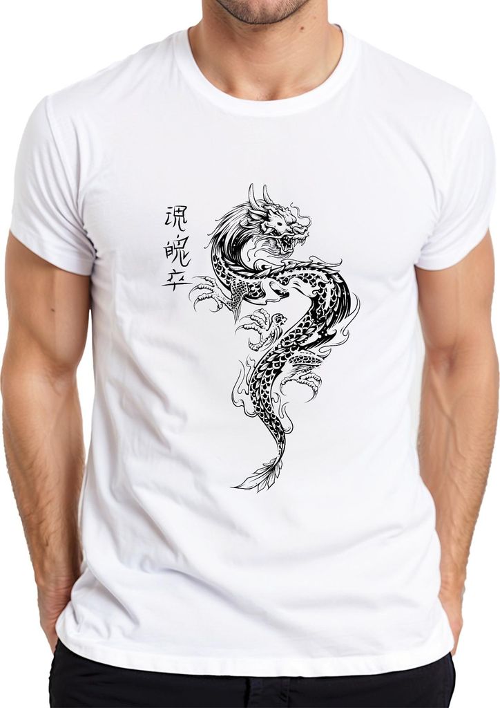 Japanischer Drache Irezumi Orientalischer Drache Asien Koi Flamme Herren T-Shirt, Weiß, L