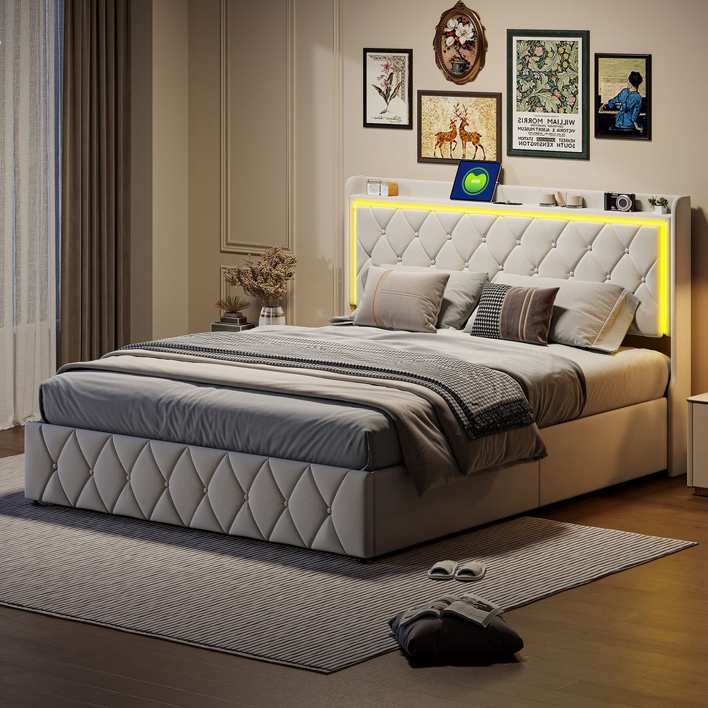 160 x 200 cm großes Bett mit Stauraum, Doppelbett 160 x 200 cm mit Lattenrost, Kopfteil mit USB-Ladeanschluss und verstellbarer LED-Beleuchtung, S...