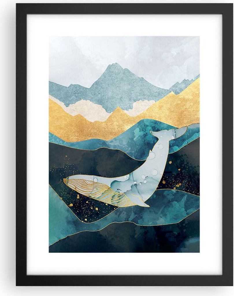 Gerahmtes Poster - Schwarzer Rahmen - Buckelwal Geometrie Wal - 30x40 cm - Wand Bild - Wanddeko - Wandbilder - Kunstposter - Wandposter - Bilderrah...