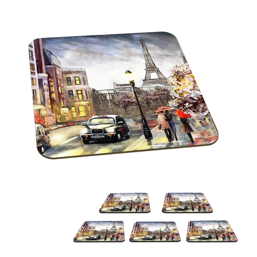 KitchenYeah Glasuntersetzer Quadratisch 6er Set Gemälde - Paris - Frankreich - Öl 10x10 cm Untersetzer für Gläser - Getränkeuntersetzer - Ti...