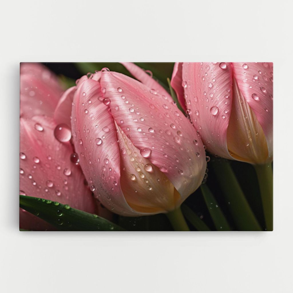 ARTHUB Leinwandbild 50x70 cm, Pink Tulip With Drops | Wohnzimmerdekoration, Hängende Bilder, Wanddekoration, Heimdekoration, Blumen, Tulpen