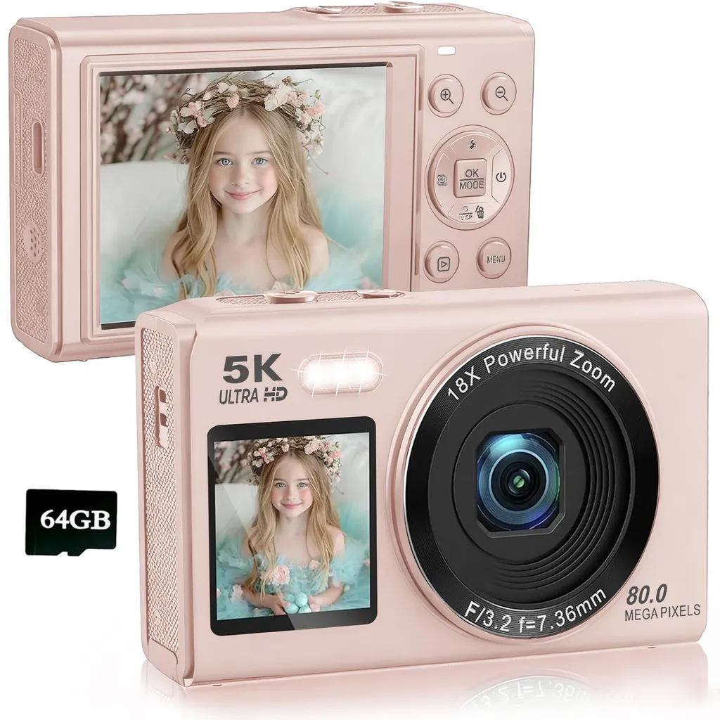 ZELURXX Fotocamera digitale 5K, 80MP, zoom 18X, doppio display, WLAN, fotocamera Ultra HD, perfetta per selfie, vlogging e fotografia quotidiana, 64GB, rosa