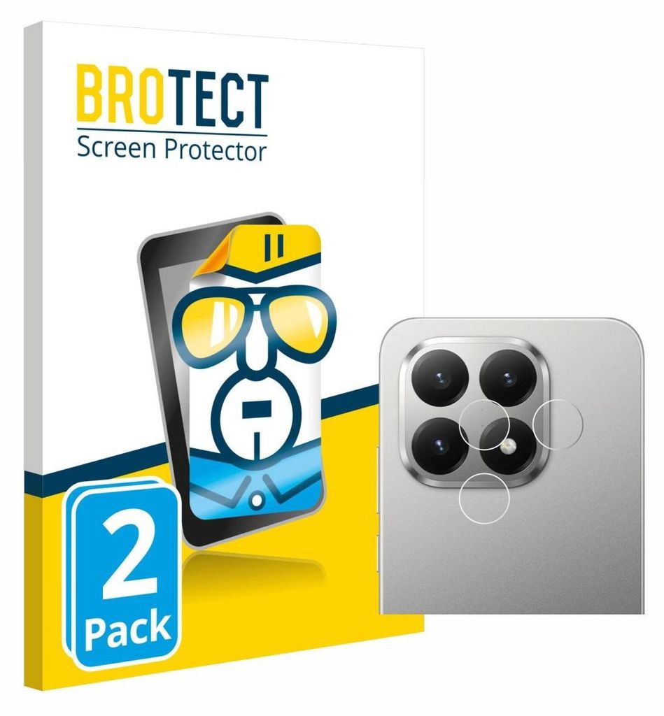 The image shows the packaging for a screen protector product, with a graphic illustration of a phone and a close-up of a phone's camera module with the protectors applied.