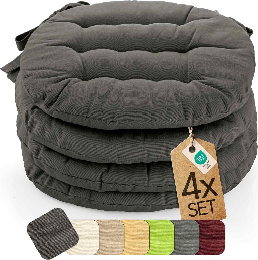 etérea Sitzkissen rund - Stuhlkissen Indoor & Outdoor 4er Set 38x38 cm - Anthrazit - mit Bändern