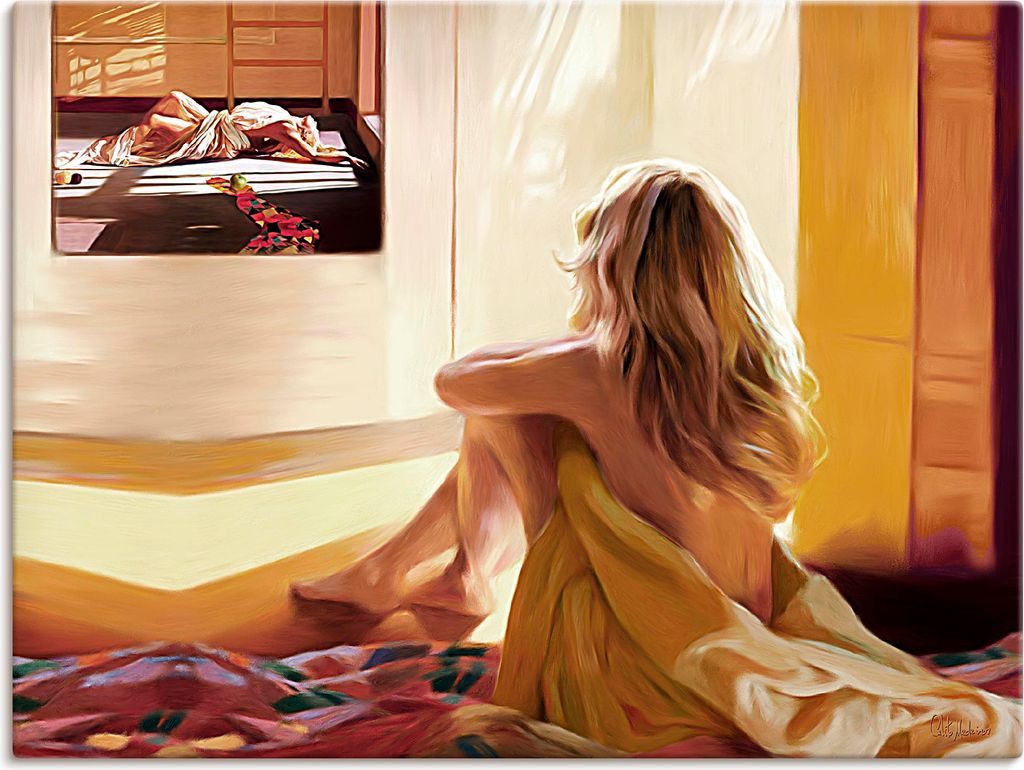 ARTland Leinwandbild Blondes Mädchen sitzt auf dem Bett Größe: 40x30 cm