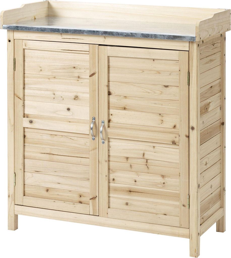 AIORBER Gartenschrank aus Holz, Pflanztisch mit Unterschrank, 2 Einlegeböden, Doppeltür, wetterfest, Geräteschrank für Garten, Naturholz