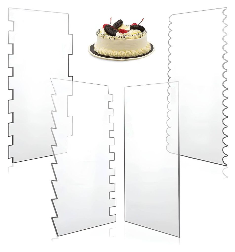 Acryl Kuchenschaber Set Tortenspachtel Sahneschaber, 4 Stück 2 in 1 Seitenschaber Kuchen Dekorieren Kamm für Kuchen Buttercreme DIY Werkzeug