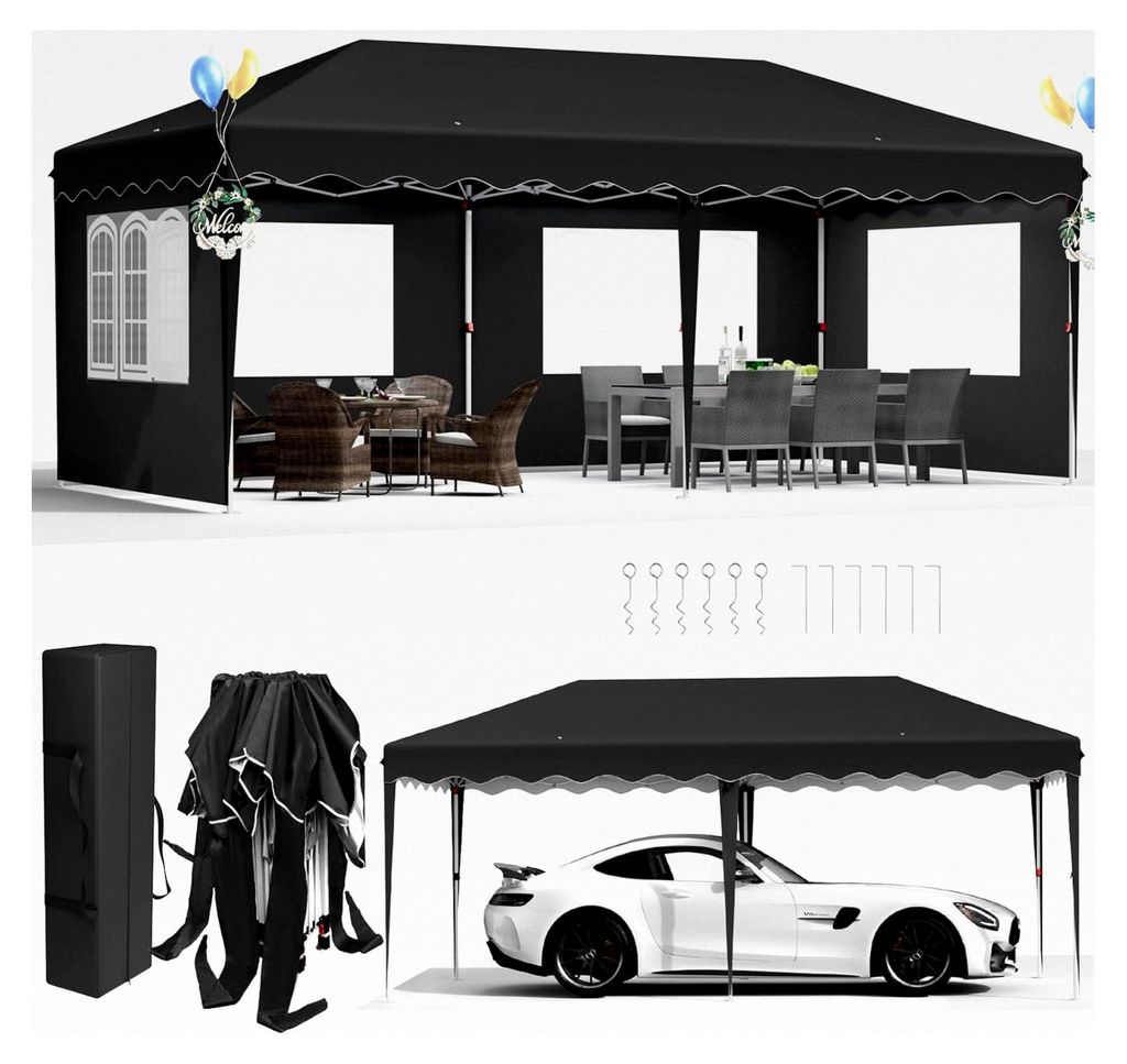 Pavillon 3x6 mit 4 Seitenteilen, wasserdicht, stabil und winterfest, für Strand, Festival, Camping und Markt, inklusive 12 Erdhaken und 6 Seilen (...