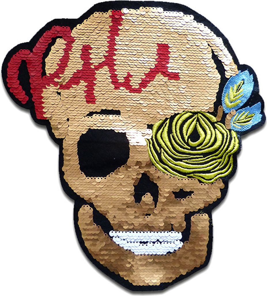 xxl Totenkopf Rose Mit Wendepailletten - Aufnäher, Applikationen, Patches, Flicken, Zum Aufnähen, Größe: 30,6 x 26,7 cm