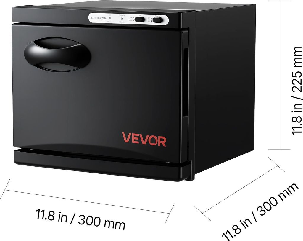 A black VEVOR towel warmer with dimensions indicated.