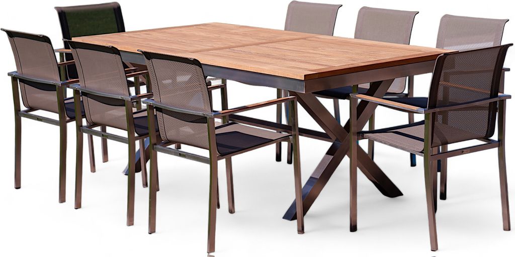 ALEOS. Gartengarnitur Edelstahl Teak Set: Ausziehtisch 200-260x100 cm + 8 stapelbare Sessel Edelstahl Teak Gewebe taupe braun Sitzgruppe A-Grade Te...