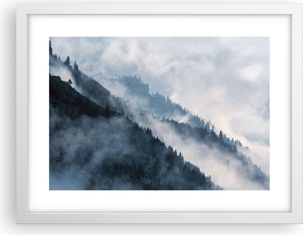 Gerahmtes Poster - Weißer Rahmen - Berge Nebel Bäume - Produktbild 