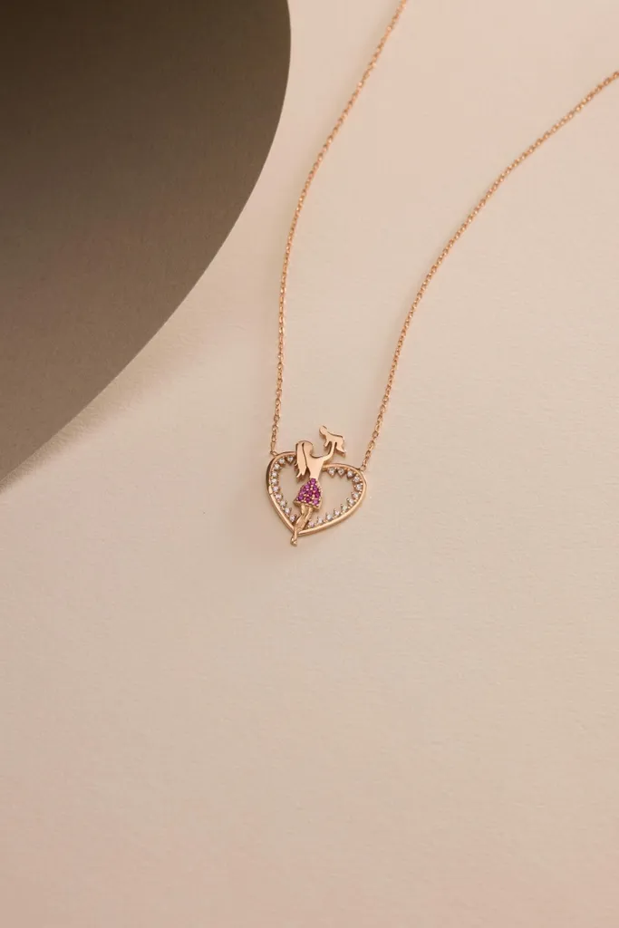 Pendentif Cœur Argent et Or Rose pour Femme Bijou Mère Enfant Élégant - 3
