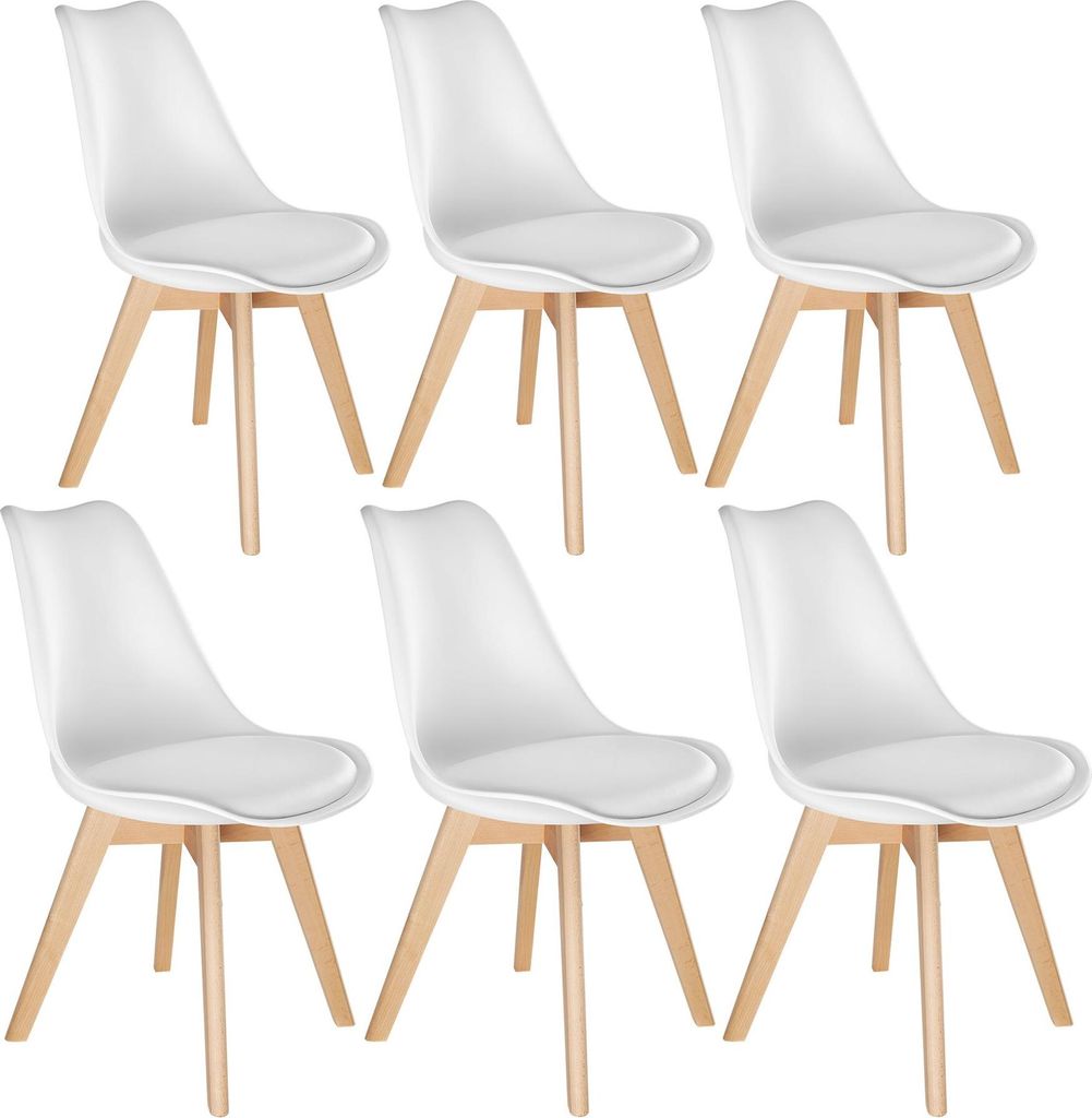 A set of six white dining chairs with light wood legs arranged in two rows.