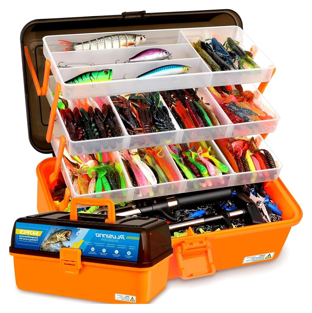 Große 4-lagige Köderbox mit enthaltenem Angelzubehör, 547-teiliges Set – Zange, Kurbelköder, Haken, Gewichte und Zubehör – Süßwasserbars...