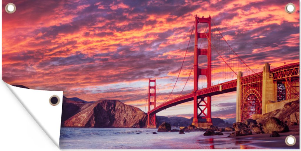 MuchoWow 160x80 cm Outdoor-Poster Gartendeko Sichtschutz Garten Poster für den Garten Die Golden Gate Bridge mit einem wunderschönen lila Himmel