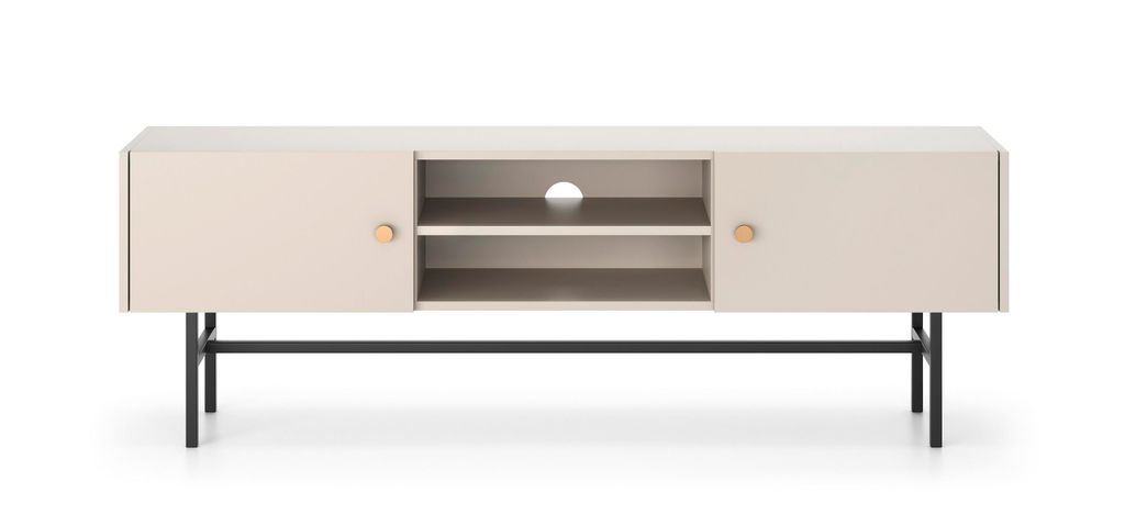 TV-Lowboard Beige 155 cm Diva – 2 Schränke, offene Fächer, goldfarbene Griffe, Metallfüße