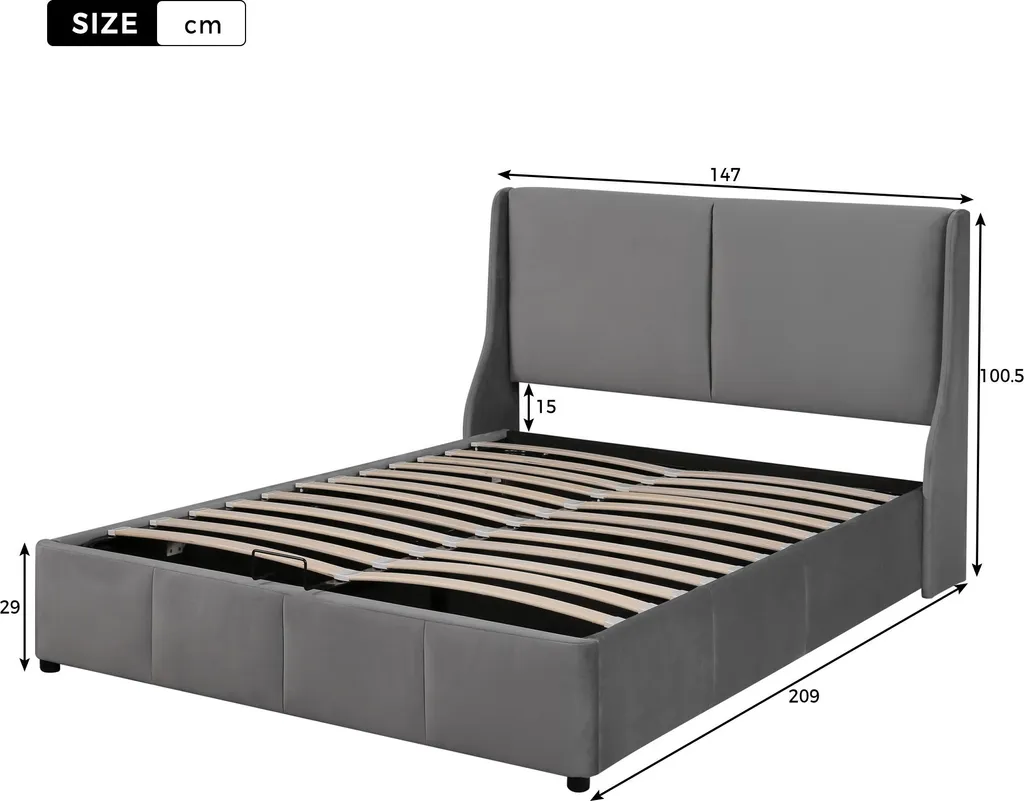 Lit Double 140x200 avec Coffre Intégré et Tête de Lit en Velours Gris - 4
