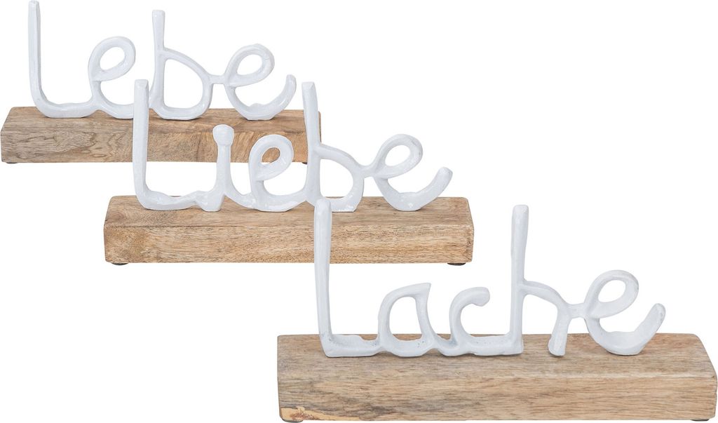 3er Set Schriftzug Lebe Lache Liebe L22cm Metall Weiß Mango Holz Tisch-Deko